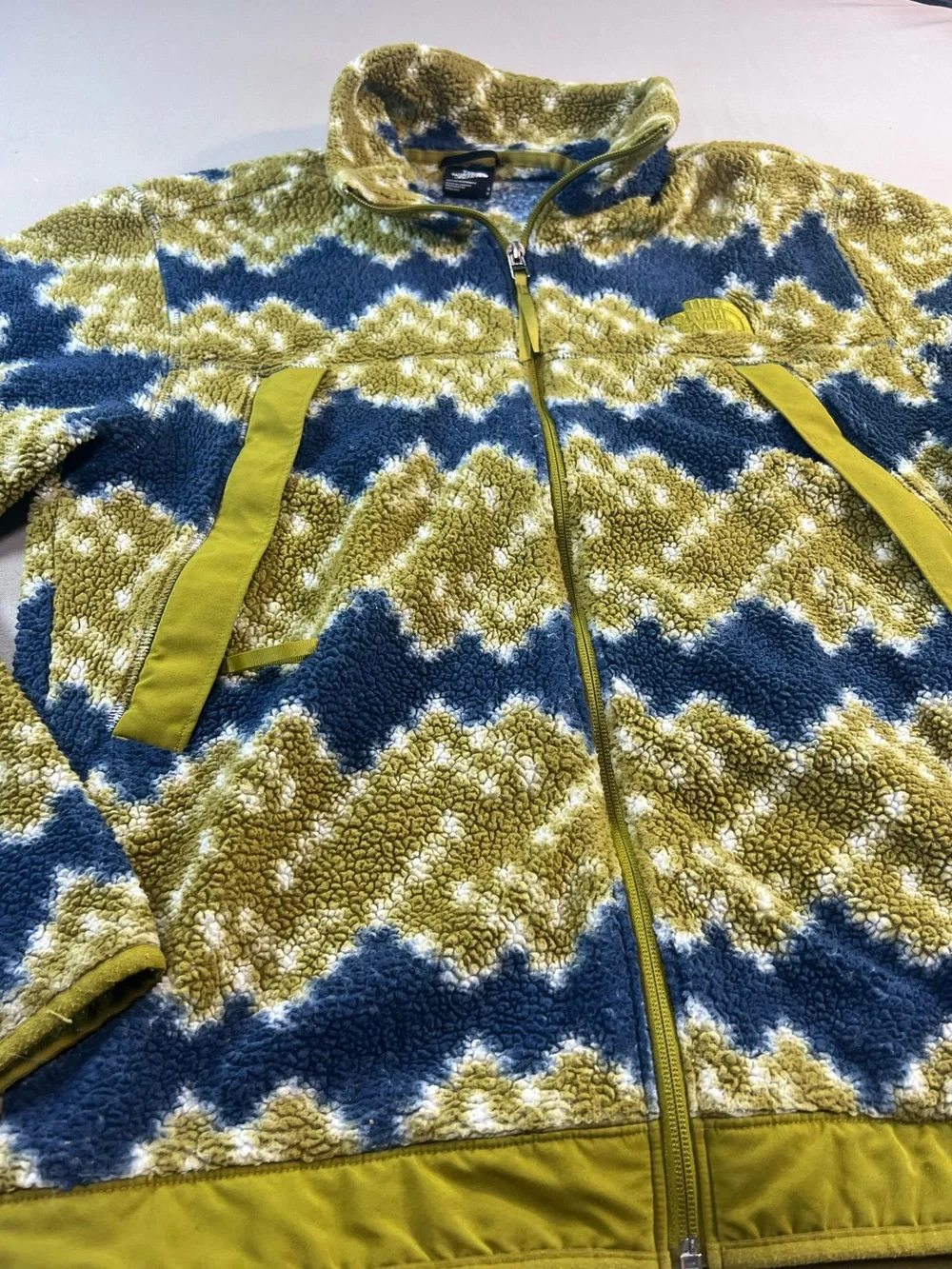 The North Face Sherpa Fleece Jacket Men’s Small Blue Green Full Zip Print Fleece